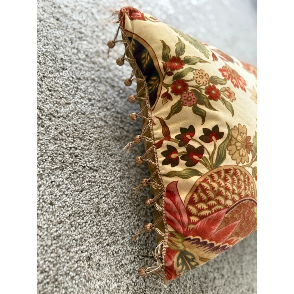 Pier 1‎ Floral Throw Pillow accent Decorative Gold Damask Ball Fringe 18